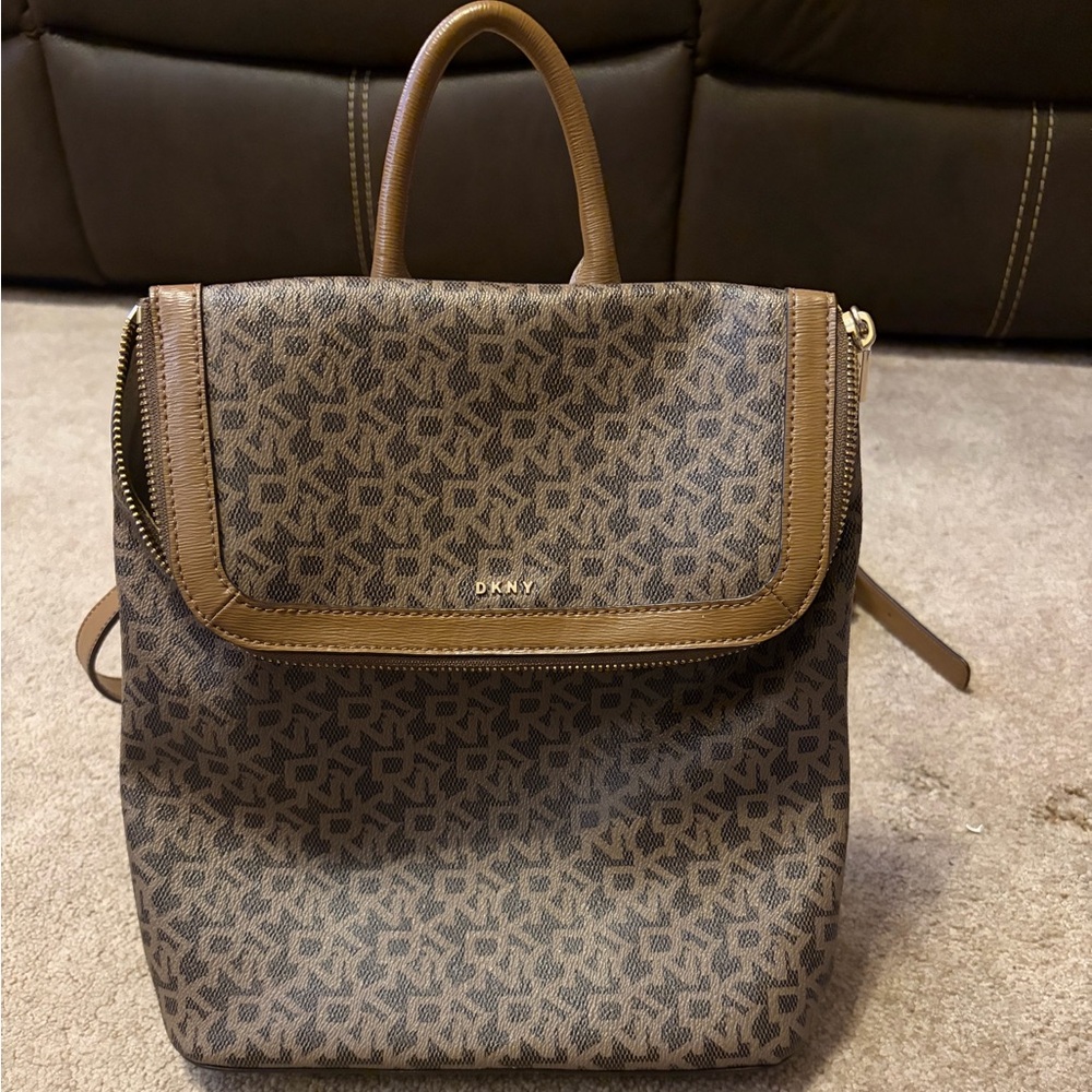 DKNY Brown Logo Pattern Backpack Tote with Tan Trim